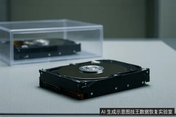 白色桌面上放置一块打开顶盖的机械硬盘，可见盘片与中心主轴；背景有一个透明塑料盒，内装另一块硬盘。