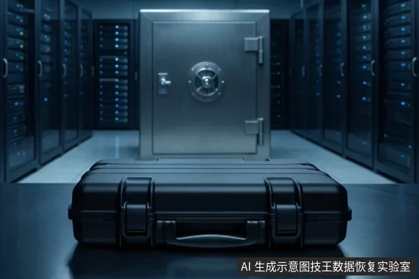 画面前景为一个黑色硬质手提箱,背景为数据中心机房环境,中央放置一台带圆形转盘的金属保险柜,两侧排列着多台亮着指示灯的服务器机柜。