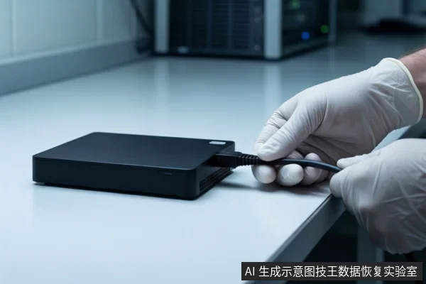 白色桌面上平放一个黑色移动硬盘，右侧一双戴白色手套的手正握持黑色USB线缆，将其插头插入硬盘侧面接口。背景为模糊的服务器机柜。