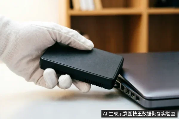 一只戴着白色防静电手套的手正握持黑色移动硬盘盒,将其从笔记本电脑侧面接口拔出。背景为模糊的木质书架,画面聚焦于断开物理连接的动作,展示了设备故障时的紧急止损操作。