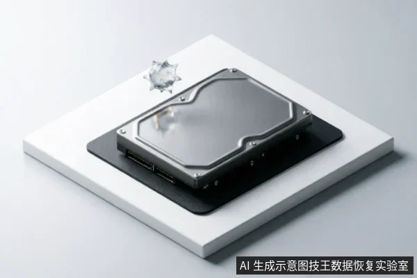 画面展示了一个银色金属外壳的机械硬盘放置在黑色防静电垫上,背景为洁净的白色平台。硬盘上方悬浮着一个透明的多面体晶体结构,象征精密与脆弱,整体呈现出专业、无尘的数据恢复实验室环境氛围。