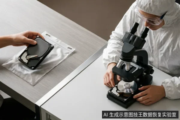 身穿白色防尘服和护目镜的专业技术人员,正在洁净室环境中使用显微镜对拆解的硬盘进行精密检测。旁边桌面上放置着另一块待检硬盘,画面展示了数据恢复中严格的环境控制与无损硬件评估流程。