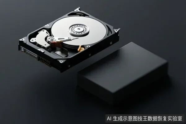 黑色桌面上放置一块裸露的机械硬盘，旁边有一个黑色长方体盒子，背景为深色。