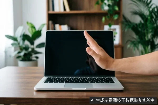 一只手掌在打开的笔记本电脑屏幕前做出停止手势,示意拒绝或中断操作。背景为带有绿植和书架的办公桌面环境,画面聚焦于手部动作与电脑屏幕,传达出紧急制动或禁止写入的视觉概念。