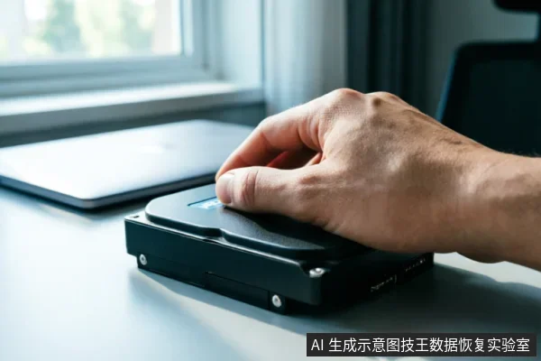 一只男性的手正按在放置于白色桌面上的黑色机械硬盘顶部,背景虚化处有一台闭合的笔记本电脑。画面展示了数据恢复或硬件检测场景中接触存储介质的瞬间,未显示具体型号标识或连接线缆。