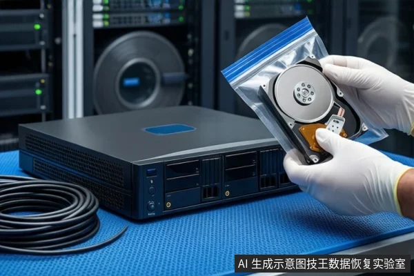 蓝色防静电垫上放置一台黑色多盘位NVR设备,左侧有一卷黑色线缆。右侧一双戴白色手套的手正握持一块裸露的机械硬盘,将其放入透明防静电袋中。背景为模糊的服务器机柜。
