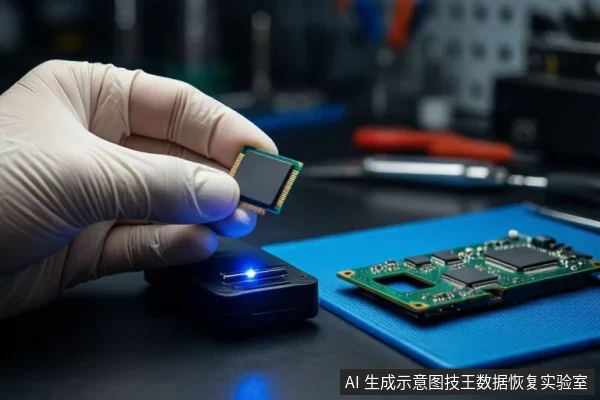 戴白手套的手持一枚绿色芯片,下方黑色编程器亮蓝光,右侧蓝色垫上平放一块绿色电路板,背景为模糊工作台。