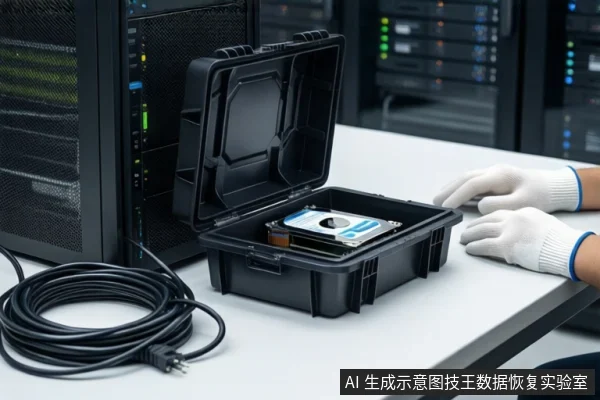 白色桌面上，左侧竖立一台黑色塔式主机，前方盘绕黑色线缆；中间一个打开的黑色防震箱内固定着一块机械硬盘，右侧一双戴白色手套的手平放在桌边，背景为模糊的服务器机柜。