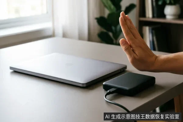 桌面上放置着一台闭合的银色笔记本电脑和一个通过USB线连接的黑色移动硬盘。画面右侧伸出一只手,掌心向外对着设备做出明确的停止手势,示意立即中断操作或禁止接触。