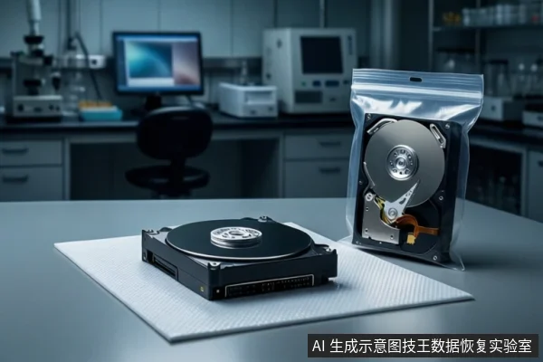 灰色实验台面上,左侧防静电垫上平放一块打开外壳的机械硬盘,右侧立放一个透明防静电袋,袋内装有一块可见盘片的机械硬盘。背景为模糊的实验室设备。