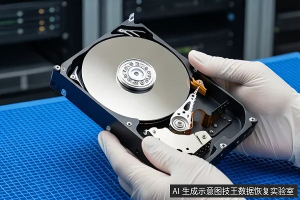 蓝色防静电垫上,一双戴白色手套的手正握持一块打开外壳的机械硬盘,露出金属盘片与磁头组件。背景为模糊的服务器机柜。