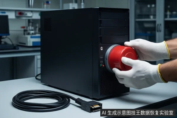 白色桌面上放置一台黑色台式主机,前景有一卷黑色线缆。右侧一双戴白色手套的手正握持一个红色圆形紧急停止按钮,将其对准主机侧面。背景为模糊的实验室设备。