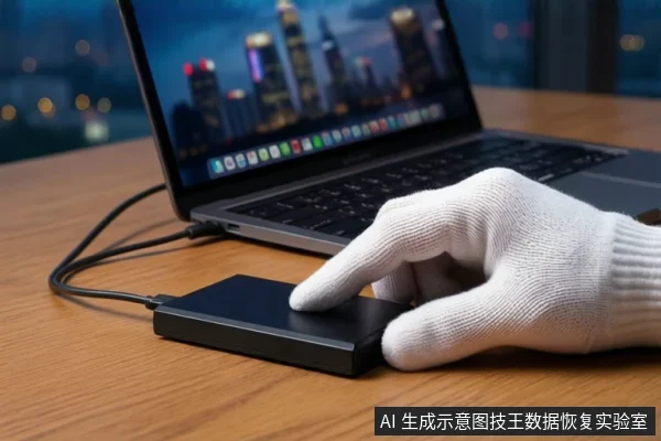 木质桌面上,一只戴白手套的手正按压一块黑色移动硬盘,硬盘通过黑色线缆连接至后方打开的笔记本电脑,背景为模糊的城市夜景。