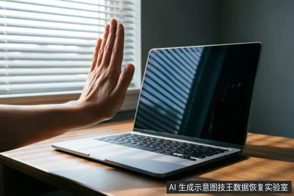 一只手掌在笔记本电脑前做出明显的“停止”手势,示意禁止操作。电脑放置在木质桌面上,屏幕关闭并反射出百叶窗的条纹光影。画面直观地传达了在设备故障时立即停止使用、避免进一步写入数据的警示含义。