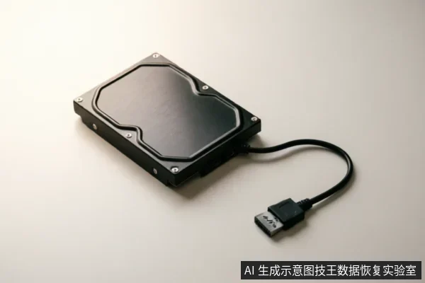 白色背景上放置着一块带有黑色金属外壳的3.5英寸机械硬盘,侧面连接着一根黑色的数据线,线缆末端为SATA接口,整体呈现完整的存储设备外观。