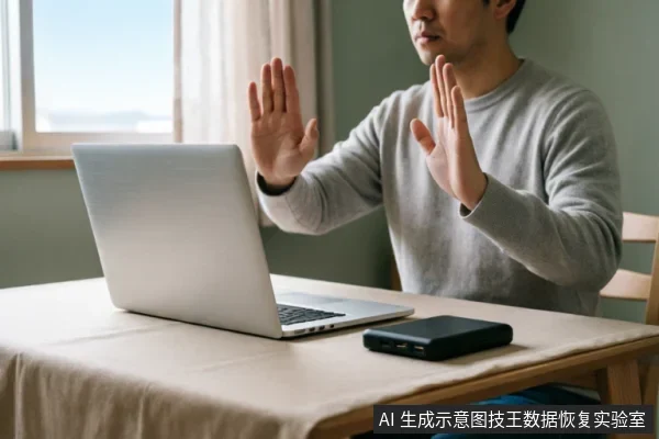 一名男子坐在桌前面对笔记本电脑,双手举起做出明显的拒绝或停止手势。桌面上放置着一台银色笔记本电脑和一个黑色的移动硬盘,画面直观表达了在数据异常时立即停止操作、避免二次伤害的警示含义。