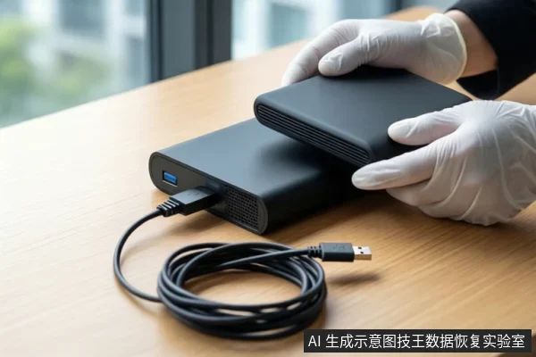 木质桌面上,一双戴白色手套的手正握持一块黑色移动硬盘,下方平放另一块黑色硬盘并连接着一根黑色USB线缆,背景为模糊的窗户。