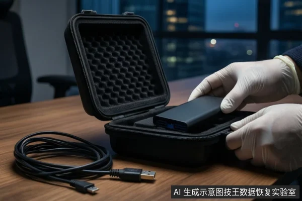 木质桌面上,一个打开的黑色防震箱内,一双戴白手套的手正在放置一块黑色固态硬盘。左侧盘绕着一根黑色USB数据线,背景为模糊的窗户和城市夜景。