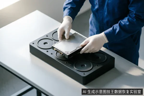 身穿蓝色工装、佩戴白色手套的技术人员双手持一块笔记本硬盘,正准备将其放入黑色的多盘位数据恢复检测底座中。画面展示了专业硬件诊断环境,强调将故障硬盘交由专业机构进行物理检测与隔离风险的操作场景。