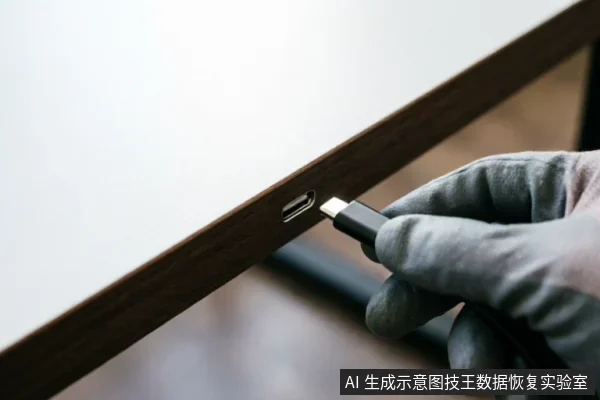 一只戴着灰色防护手套的手正将一根黑色USB-C数据线插入深棕色笔记本电脑侧面的接口中,特写展示了外部连接线的插拔动作。