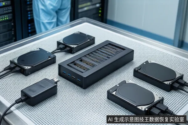 白色防静电工作台上平放一个黑色多盘位硬盘盒，周围连接四块机械硬盘和电源适配器，背景为模糊的服务器机房及无尘服人员。