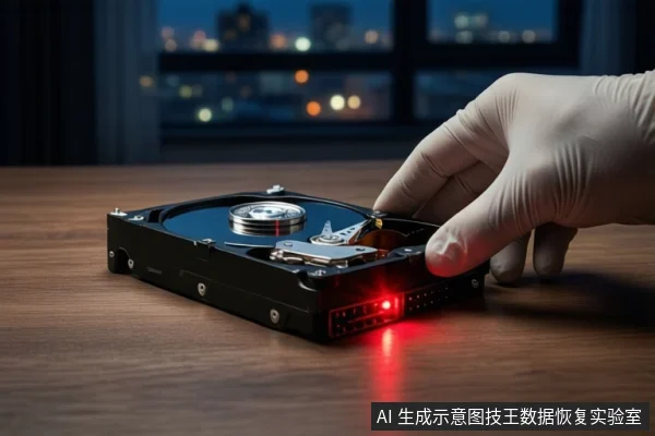 木质桌面上平放一块打开外壳的机械硬盘,可见盘片与磁头组件,一只戴白手套的手正触碰硬盘边缘,硬盘接口处亮着红灯,背景为模糊的城市夜景。