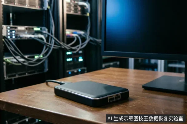 一张黑色移动硬盘放置在木质桌面上，连接着数据线。背景为模糊的服务器机柜，亮着蓝色指示灯，营造出网吧或数据中心的硬件环境氛围。