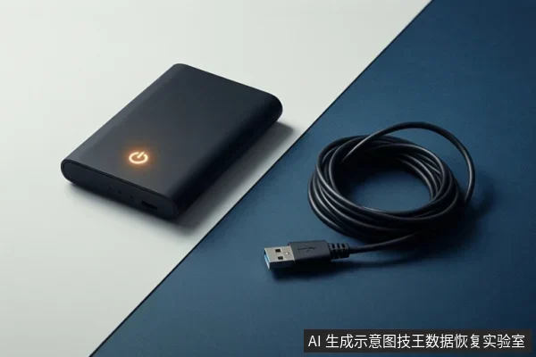 画面中有一个黑色移动硬盘和一根盘绕的黑色USB数据线,硬盘指示灯亮起,放置在蓝白拼接的平面上。