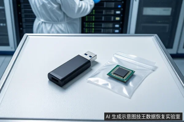洁净室白色桌面上,左侧平放一个黑色U盘,右侧透明防静电袋内装有一块绿色闪存芯片。背景中一名穿无尘服的技术人员站在服务器机柜旁。
