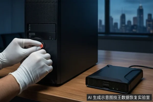 木质桌面上,左侧竖立一台黑色塔式主机,前景一双戴白手套的手正按压主机正面亮红灯的电源按钮,右侧平放一个黑色外接硬盘盒,背景为模糊的城市夜景。
