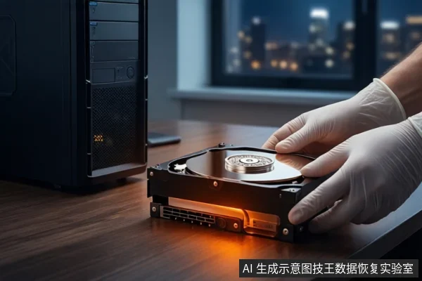 木质桌面上,左侧竖立一台黑色塔式主机,正面亮红灯。前景一双戴白手套的手持握一块打开外壳的机械硬盘,露出盘片与磁头组件。背景为模糊的窗户和城市夜景。
