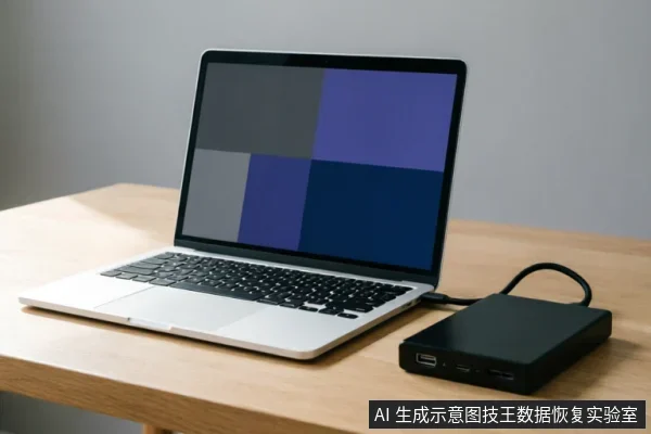 一张木质桌面上放置着一台打开的银色笔记本电脑，屏幕显示蓝灰色几何色块。电脑右侧连接着一个黑色的长方形外接设备（如硬盘盒或扩展坞），通过线缆与电脑相连，展示了笔记本外接存储设备的连接状态。