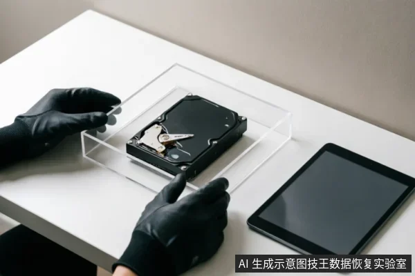 一双戴着黑色防静电手套的手正托举着装有机械硬盘的透明亚克力防尘盒,旁边桌面上放置着一台平板电脑。画面展示了在洁净环境下对存储介质进行专业防护与隔离的操作场景。