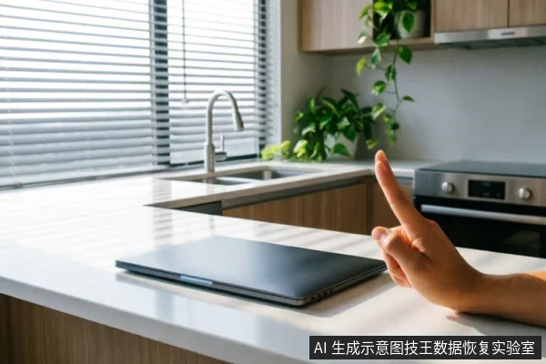 一台闭合的深灰色笔记本电脑静置于现代厨房的白色台面上,背景可见水槽、百叶窗及绿植。画面右侧伸出一只手,食指竖起做出“停止”或“禁止”的手势,示意立即中断操作。