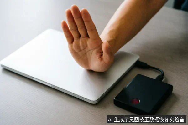 一只手掌平按在闭合的银色笔记本电脑表面，做出明确的停止手势。电脑侧面连接着一个带有红色指示灯的黑色外接硬盘盒，置于浅色木纹桌面上，直观传达在设备异常时立即断电、禁止操作的含义。