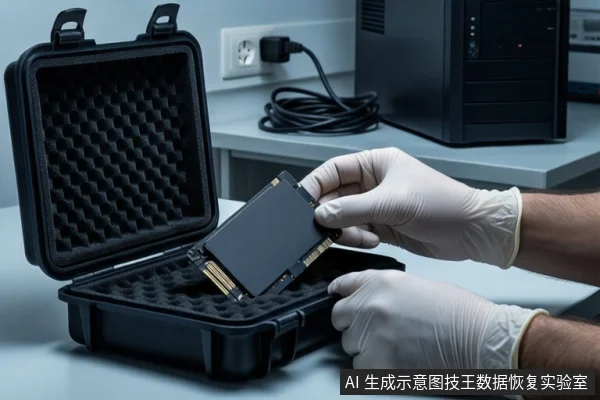 白色桌面上,一双戴白手套的手正握持一块黑色固态硬盘,将其悬停在一个打开的黑色防震箱上方。背景是白色墙壁、电源插座和一台黑色台式主机。