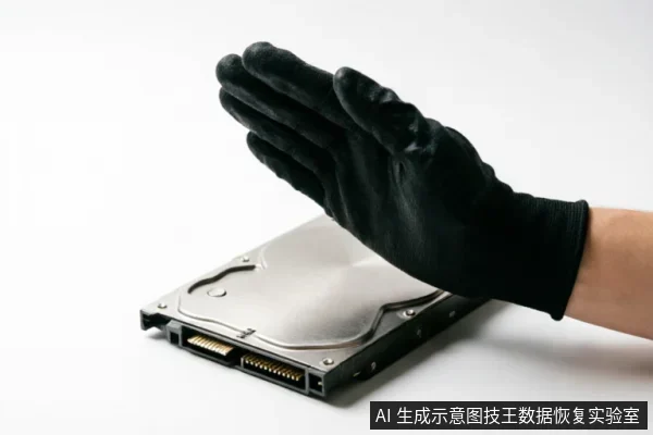 一只戴着黑色防静电手套的手悬停在银色机械硬盘上方,做出制止或保护的手势。背景为纯白,无其他杂物,强调对硬件的谨慎操作与防护意识。