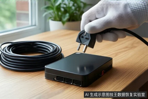 木质桌面上放置一个黑色移动硬盘和盘绕的黑色线缆。右侧一只戴白色手套的手正握持一个黑色电源插头，悬停在硬盘上方。背景可见窗户和绿植。