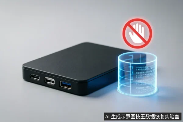 图中展示了一个带有USB接口的黑色移动硬盘盒,旁边悬浮着一个代表数据的蓝色全息圆柱体,上方叠加了红色的禁止手势图标。该画面直观地示意在数据恢复过程中严禁进行写入、格式化或修改操作,需严格保护原始介质以防数据覆盖。