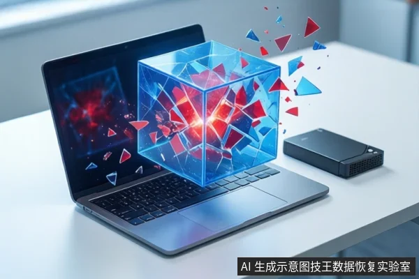 白色桌面上放置一台银色笔记本电脑,屏幕显示红色抽象图案。电脑上方悬浮一个蓝色透明立方体,内部有红色破碎结构,周围有红蓝碎片飞散。右侧平放一个黑色外接硬盘盒。