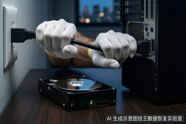 木质桌面上,戴白手套的双手正持握一根黑色电源线,将其连接至左侧墙壁插座和右侧黑色塔式主机。前景平放一块裸露的机械硬盘,背景为模糊的城市夜景。