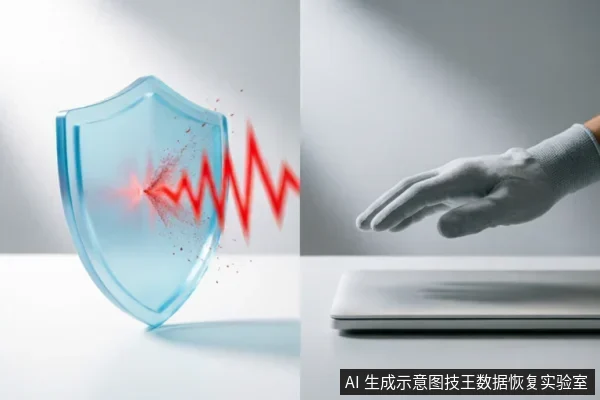左侧为蓝色盾牌被红色锯齿状信号冲击，象征数据安全防护；右侧一只戴手套的手悬停在闭合的银色笔记本电脑上方，示意谨慎操作或停止通电。