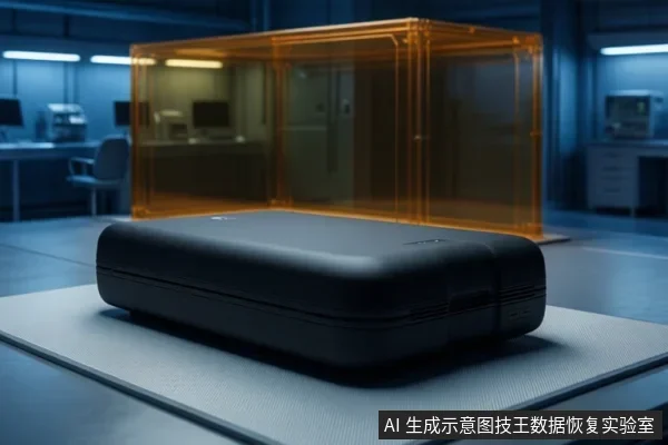 实验室桌面上放置一个黑色移动硬盘，后方有一个橙色透明箱体，背景为蓝色调机房环境。