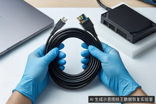 白色桌面上,一双戴蓝色手套的手持握一根盘绕的黑色SATA数据线,两端接口清晰可见。左侧有一台银色笔记本电脑,右侧白色泡沫垫上平放一个黑色外接硬盘盒。