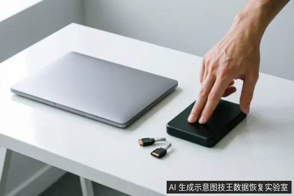 白色桌面上放置一台闭合的银色笔记本电脑,旁边有一只手正按压黑色移动硬盘,前方摆放着两根USB转SATA数据线,展示外接存储设备的连接场景。