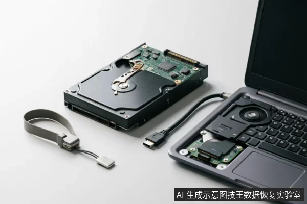 画面展示了一台外壳打开的笔记本电脑,内部硬盘位已空置。旁边放置着一块拆卸下来的机械硬盘、一根连接用的数据线以及一个USB转接适配器。整体呈现存储设备与电脑分离的状态,符合数据恢复或硬件检测的场景示意。