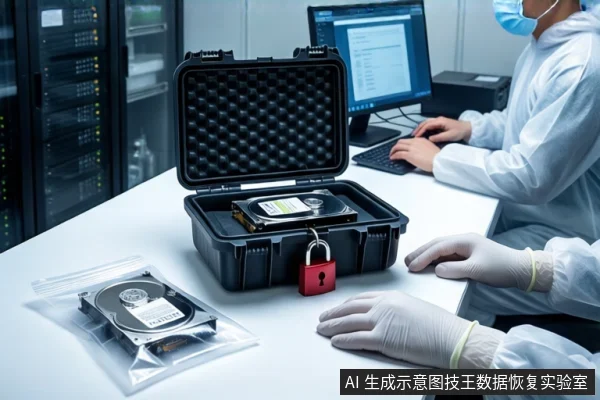 洁净室白色桌面上,前景黑色防震箱打开,箱内固定一块机械硬盘并挂有红色挂锁。左侧透明防静电袋内装有一块机械硬盘。背景中一名穿无尘服的技术人员正在操作电脑。