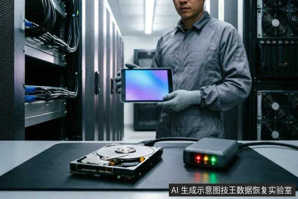 服务器机房环境中,一名戴手套的技术人员手持平板电脑,面前桌面上放置着一块拆开的机械硬盘和一个亮着红黄绿指示灯的硬件写保护设备。