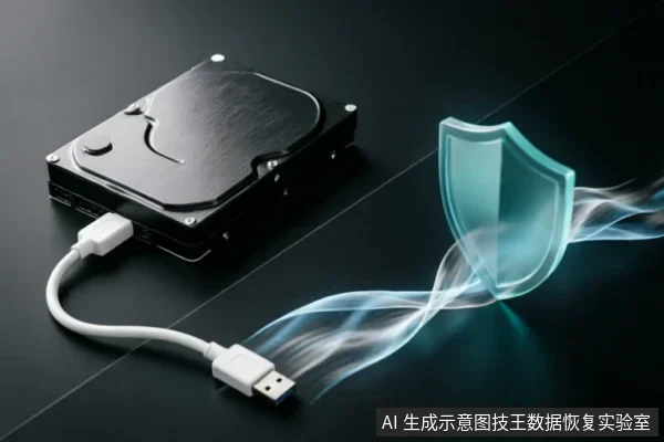 黑色机械硬盘通过白色USB数据线连接,线缆延伸出蓝白色的流光特效,汇聚成一个发光的半透明盾牌图标,象征数据安全防护。