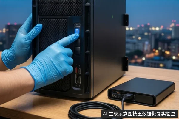木质桌面上,戴蓝色手套的双手正按压黑色塔式主机正面的蓝色电源按钮,右侧平放一个黑色移动硬盘盒,前景盘绕一根黑色USB线,背景为模糊的城市夜景。
